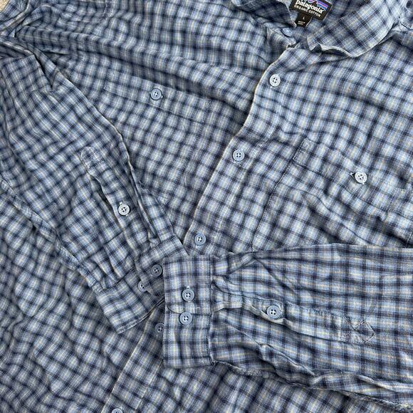 Patagonia Organic Cotton Blue Checkered Long Sleeve Shirt Size Large Button Down - Picture 4 of 7